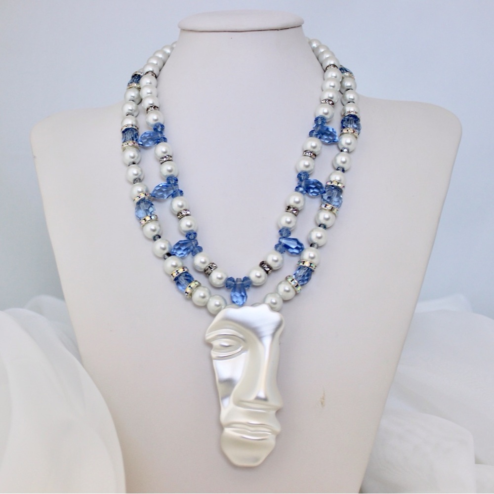 Silver and Blue Beaded Necklace with Abstract Pendant